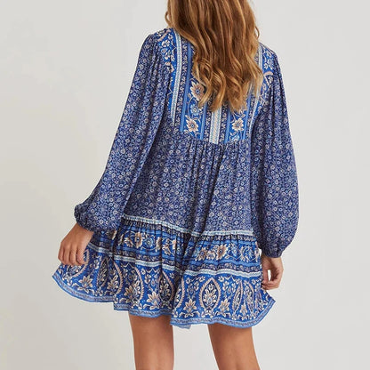 Blue Cotton  Floral Print  Tunic  Mini  Women  Long Sleeve  Robe  Autumn  Short  Femme  Vintage  Loose  Vestidos Boho Dress