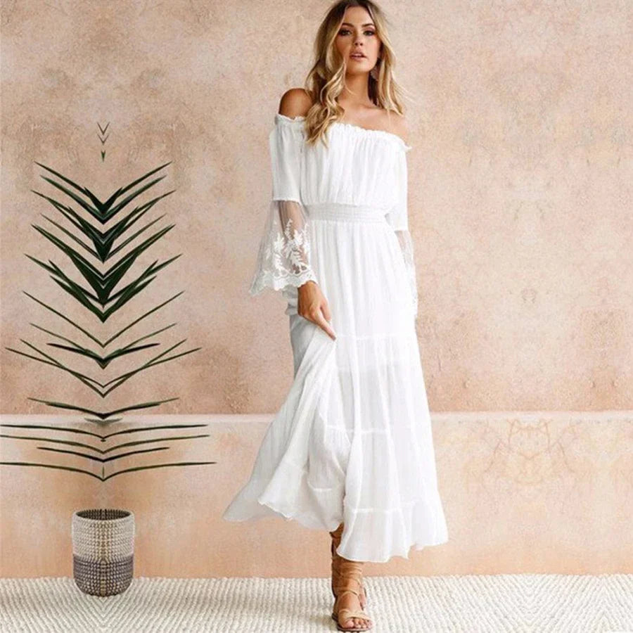 White  Sexy  Off the Shoulder  Beach  Sun  Flare  Long Sleeve  Splice Lace  Women  Summer Boho Dress