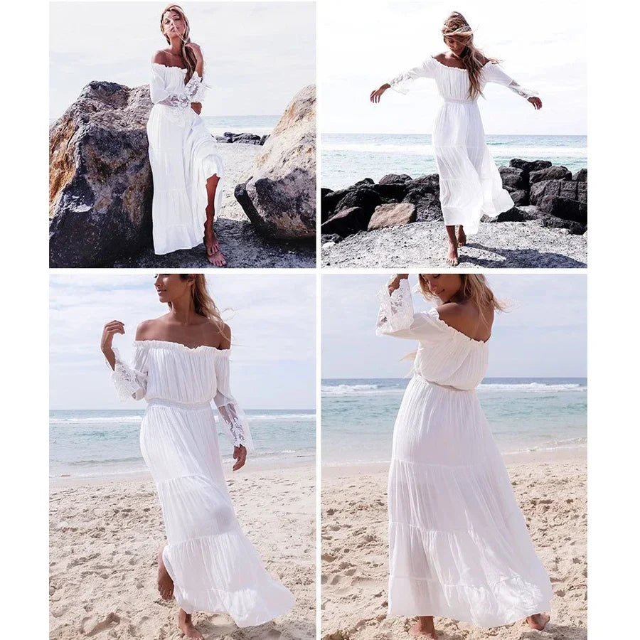 White  Sexy  Off the Shoulder  Beach  Sun  Flare  Long Sleeve  Splice Lace  Women  Summer Boho Dress