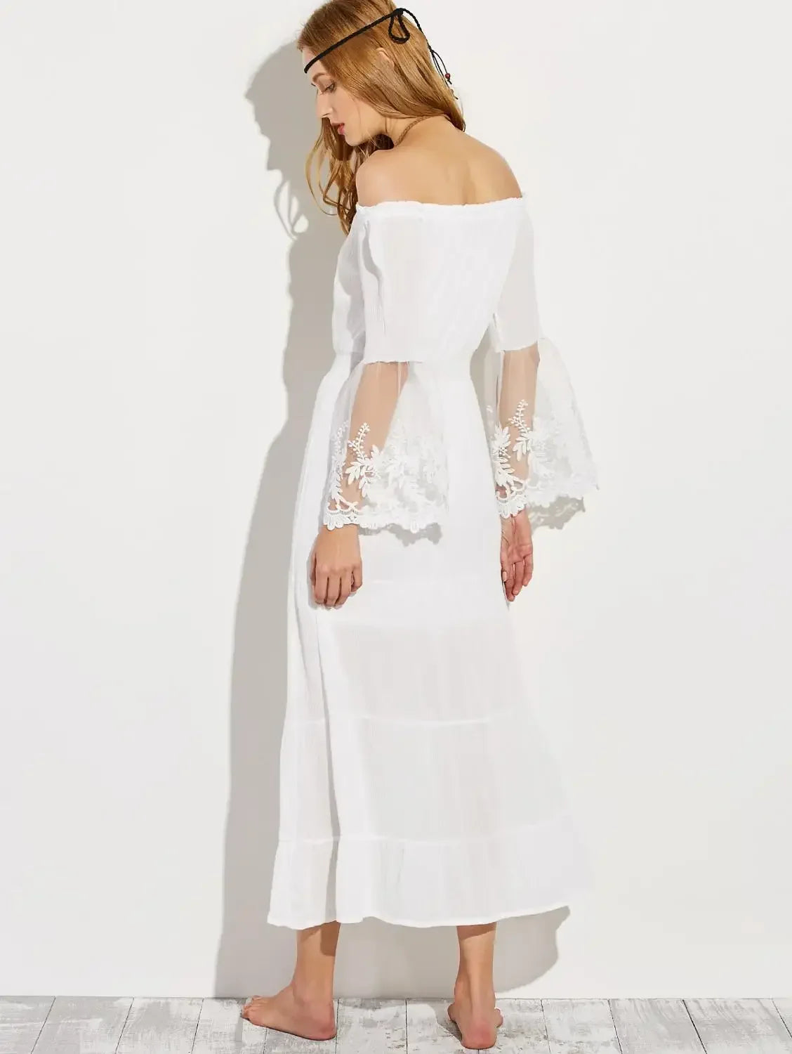 White  Sexy  Off the Shoulder  Beach  Sun  Flare  Long Sleeve  Splice Lace  Women  Summer Boho Dress