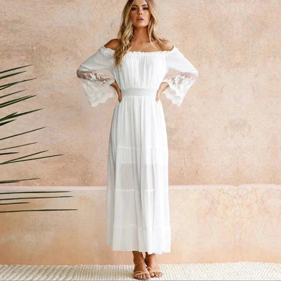 White  Sexy  Off the Shoulder  Beach  Sun  Flare  Long Sleeve  Splice Lace  Women  Summer Boho Dress