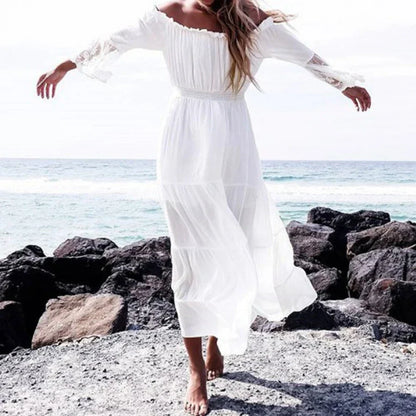 White  Sexy  Off the Shoulder  Beach  Sun  Flare  Long Sleeve  Splice Lace  Women  Summer Boho Dress