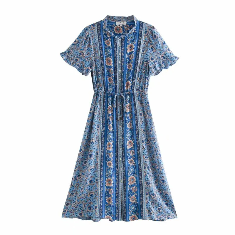 Flare Sleeve  V Neck  Long  Women  Rayon  Red Floral Printed  Button  Casual  Midi  Summer  Vestidos  2024  Robe Boho Dress