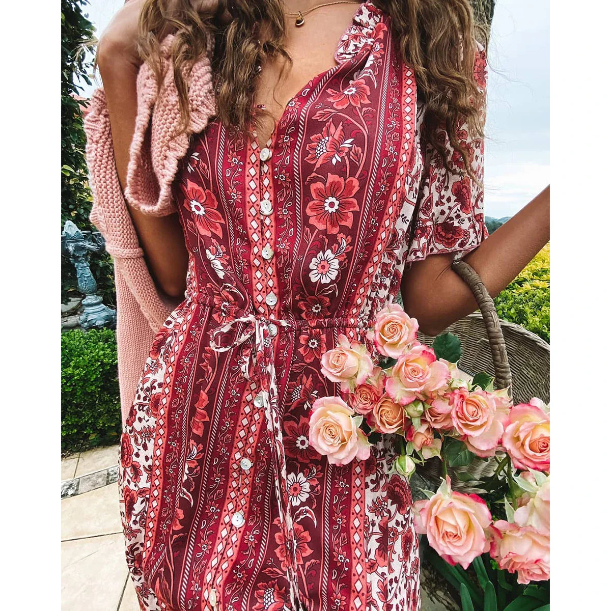 Flare Sleeve  V Neck  Long  Women  Rayon  Red Floral Printed  Button  Casual  Midi  Summer  Vestidos  2024  Robe Boho Dress