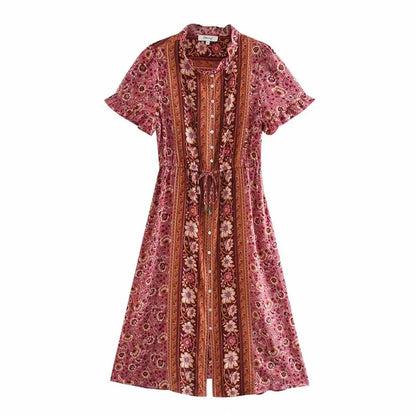 Flare Sleeve  V Neck  Long  Women  Rayon  Red Floral Printed  Button  Casual  Midi  Summer  Vestidos  2024  Robe Boho Dress