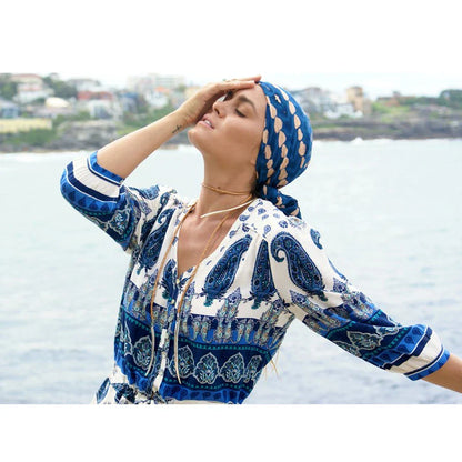 Women  2024  Blue Floral Print  Sexy  V-neck  Drawstring Waist  Summer  Gypsy  Beach  Vestido  Boho Dress