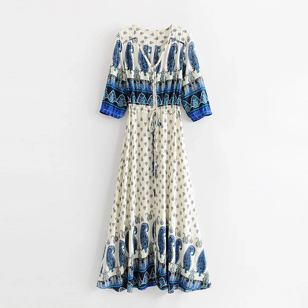 Women  2024  Blue Floral Print  Sexy  V-neck  Drawstring Waist  Summer  Gypsy  Beach  Vestido  Boho Dress