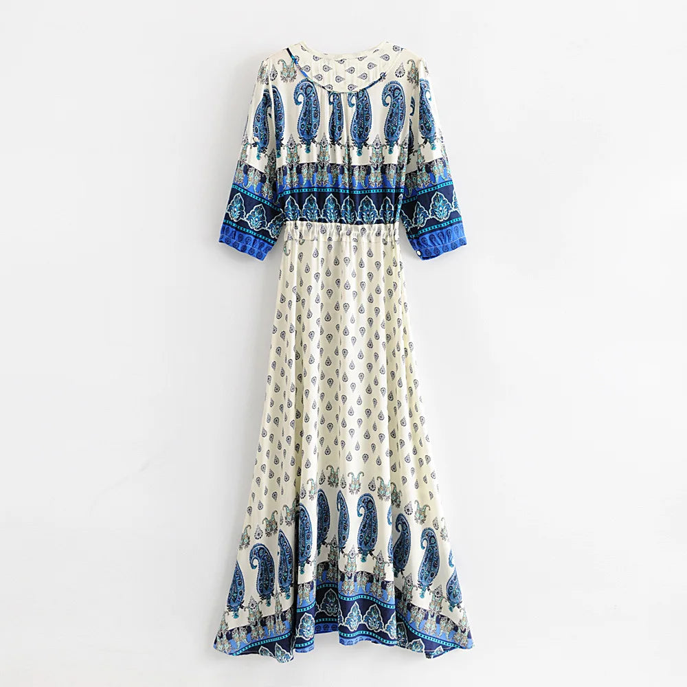 Women  2024  Blue Floral Print  Sexy  V-neck  Drawstring Waist  Summer  Gypsy  Beach  Vestido  Boho Dress