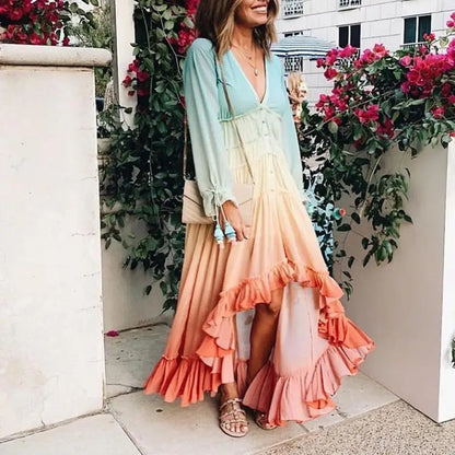 Chiffon Long Sleeve Maxi Women 2024 Deep V Neck Sexy Irregular Rainbow Ruffles Beach Party Vestidos Boho Dress