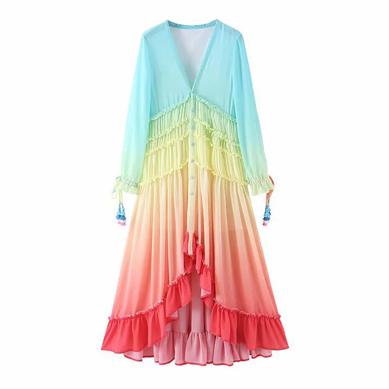 Chiffon Long Sleeve Maxi Women 2024 Deep V Neck Sexy Irregular Rainbow Ruffles Beach Party Vestidos Boho Dress