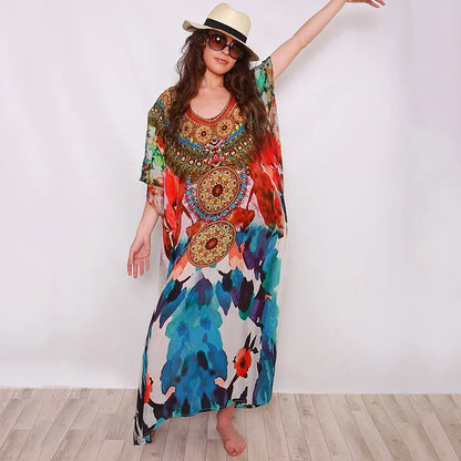 Cotton Rayon  Floral Print  Tunic  Smock Frock  Women  Long Cover Up  Beach  Summer  Maxi  Loose  Oversize  Robe Boho Dress