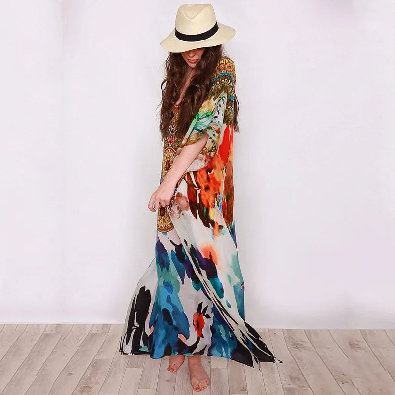 Cotton Rayon  Floral Print  Tunic  Smock Frock  Women  Long Cover Up  Beach  Summer  Maxi  Loose  Oversize  Robe Boho Dress