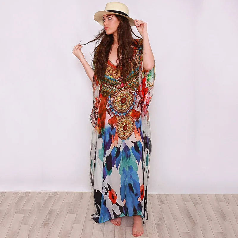 Cotton Rayon  Floral Print  Tunic  Smock Frock  Women  Long Cover Up  Beach  Summer  Maxi  Loose  Oversize  Robe Boho Dress