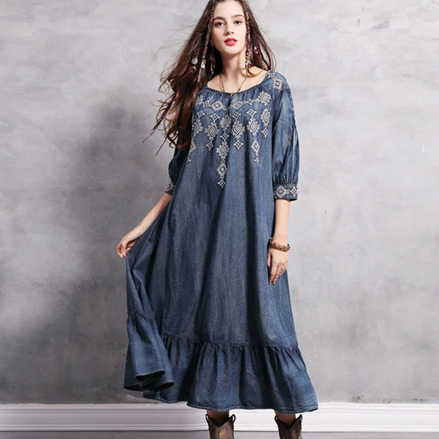 Denim  Tunic  Blue  Cotton  O-neck  Floral Embroidery  Autumn  Gypsy  Hippie  Loose Boho Dress