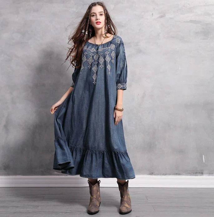 Denim  Tunic  Blue  Cotton  O-neck  Floral Embroidery  Autumn  Gypsy  Hippie  Loose Boho Dress