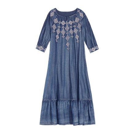 Denim  Tunic  Blue  Cotton  O-neck  Floral Embroidery  Autumn  Gypsy  Hippie  Loose Boho Dress