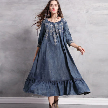 Denim  Tunic  Blue  Cotton  O-neck  Floral Embroidery  Autumn  Gypsy  Hippie  Loose Boho Dress