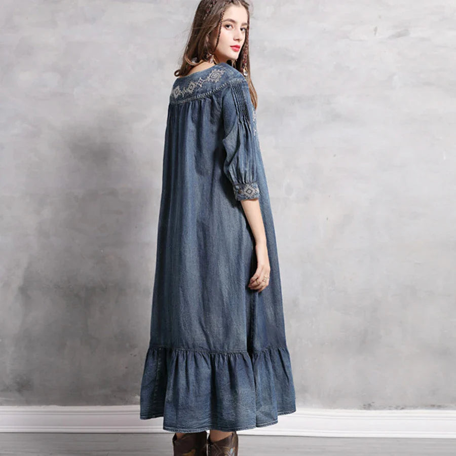 Denim  Tunic  Blue  Cotton  O-neck  Floral Embroidery  Autumn  Gypsy  Hippie  Loose Boho Dress