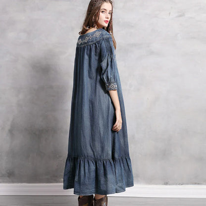 Denim  Tunic  Blue  Cotton  O-neck  Floral Embroidery  Autumn  Gypsy  Hippie  Loose Boho Dress