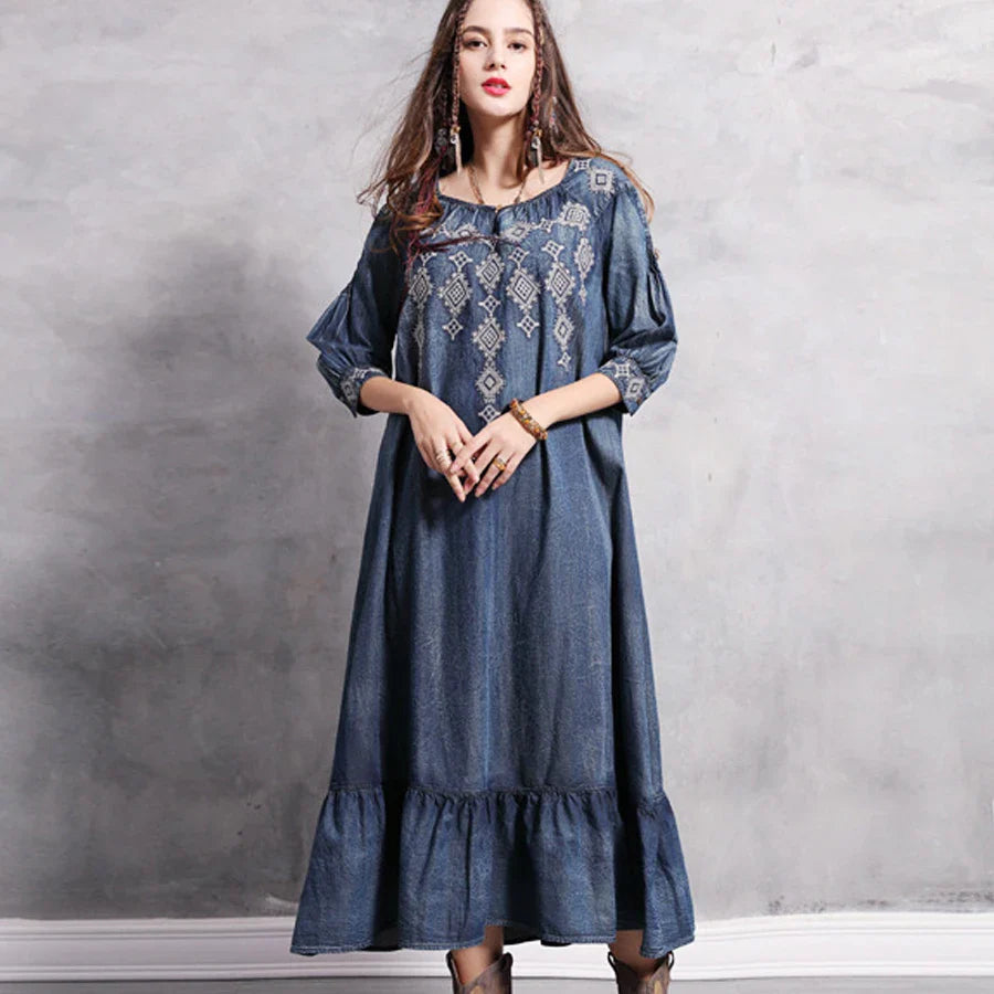 Denim  Tunic  Blue  Cotton  O-neck  Floral Embroidery  Autumn  Gypsy  Hippie  Loose Boho Dress