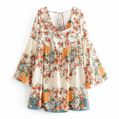 Flare Long Sleeve  Mini  Women  Beige Floral Print  Cotton  Square Collar  Beach  Vestido  Boho Dress