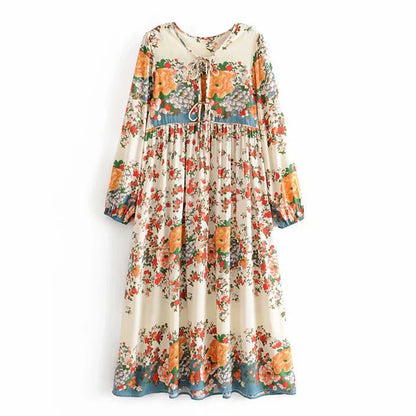 Flare Long Sleeve  Mini  Women  Beige Floral Print  Cotton  Square Collar  Beach  Vestido  Boho Dress