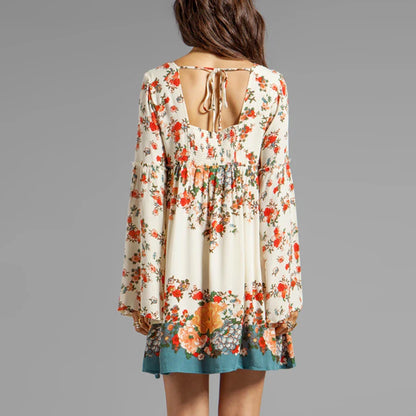 Flare Long Sleeve  Mini  Women  Beige Floral Print  Cotton  Square Collar  Beach  Vestido  Boho Dress