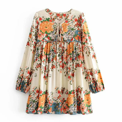 Flare Long Sleeve  Mini  Women  Beige Floral Print  Cotton  Square Collar  Beach  Vestido  Boho Dress