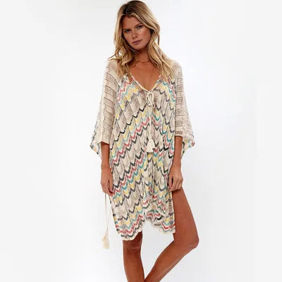 Hollow  Deep V-neck  Lace Up  Tunic  Mini  Sexy  Cover Up  Cotton  Crochet Stripe  Summer Beach Boho Dress