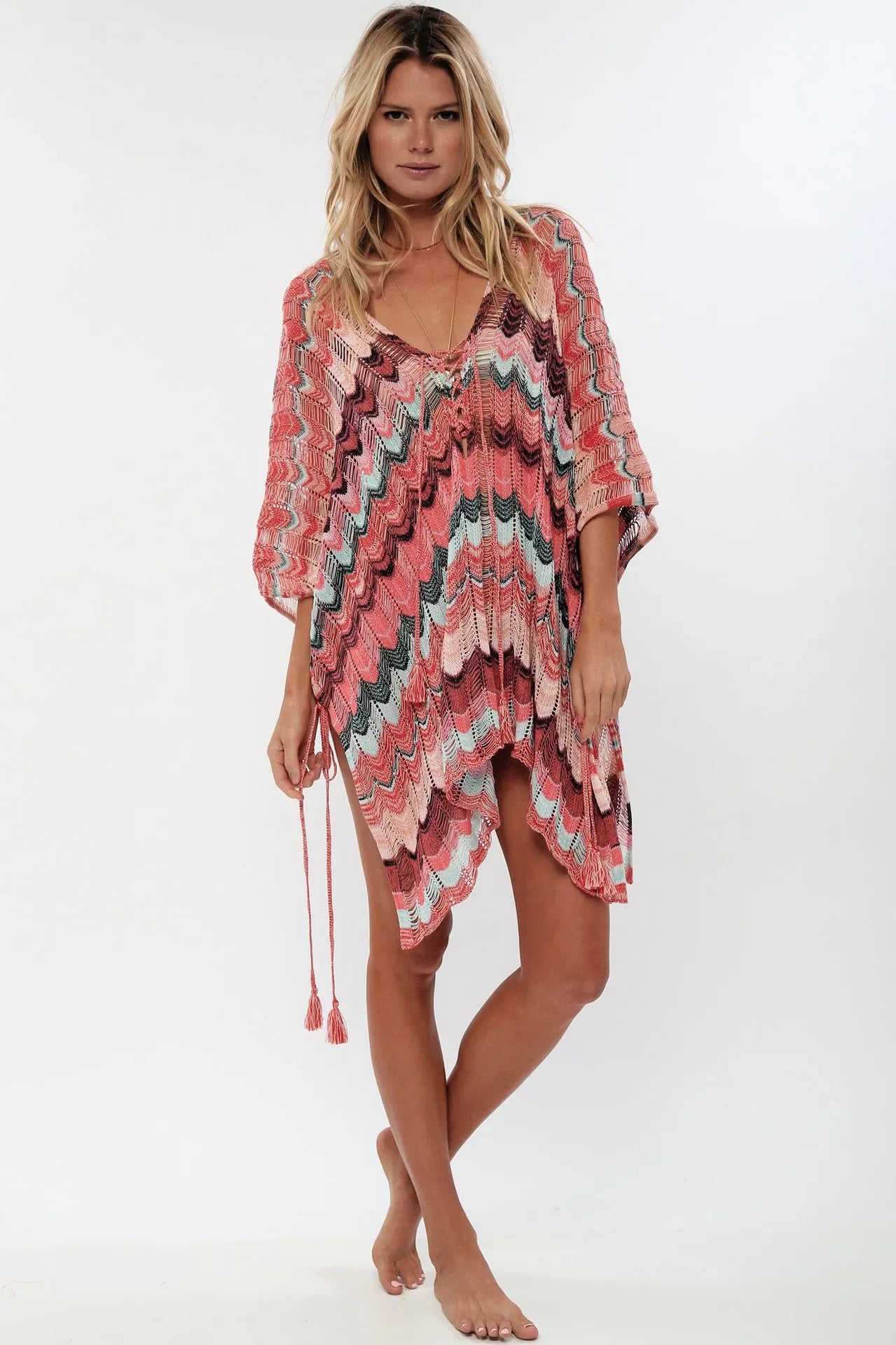 Hollow  Deep V-neck  Lace Up  Tunic  Mini  Sexy  Cover Up  Cotton  Crochet Stripe  Summer Beach Boho Dress