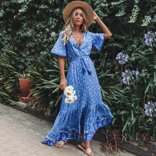 Maxi for Women Rayon Blue Floral Print Sexy Deep V-Neck Summer Loose Hippie Long Vestidos Boho Dress