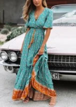 Maxi for Women Rayon Blue Floral Print Sexy Deep V-Neck Summer Loose Hippie Long Vestidos Boho Dress