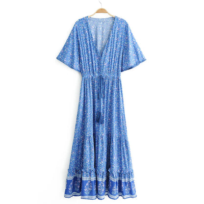 Maxi for Women Rayon Blue Floral Print Sexy Deep V-Neck Summer Loose Hippie Long Vestidos Boho Dress