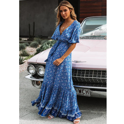 Maxi for Women Rayon Blue Floral Print Sexy Deep V-Neck Summer Loose Hippie Long Vestidos Boho Dress