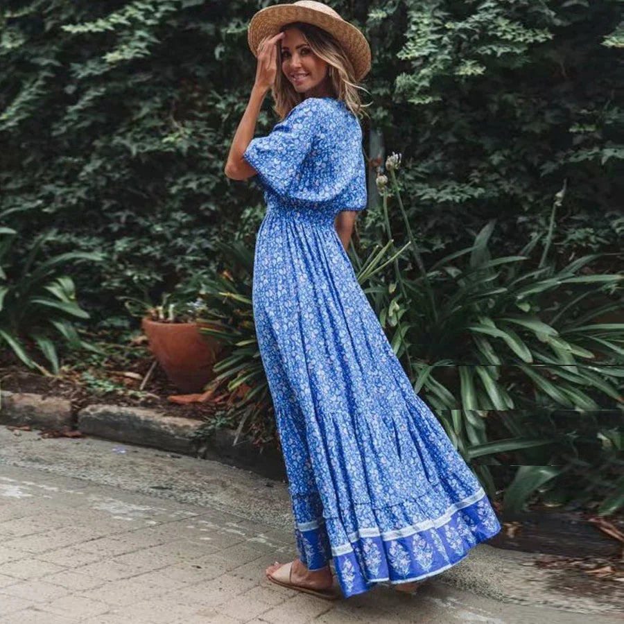 Maxi for Women Rayon Blue Floral Print Sexy Deep V-Neck Summer Loose Hippie Long Vestidos Boho Dress