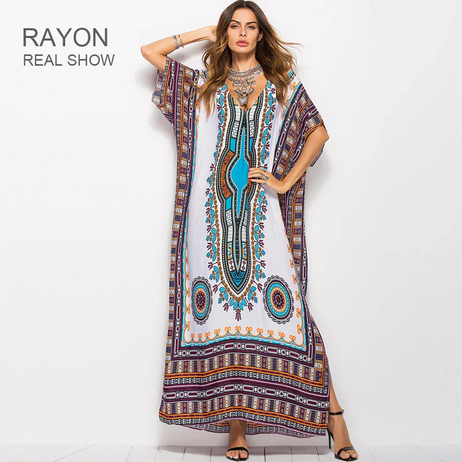 Maxi Kaftan  Rayon  Ethnic Floral Print  Beach  Sun  Side Slit  Summer  Loose  Women  Vestido Boho Dress