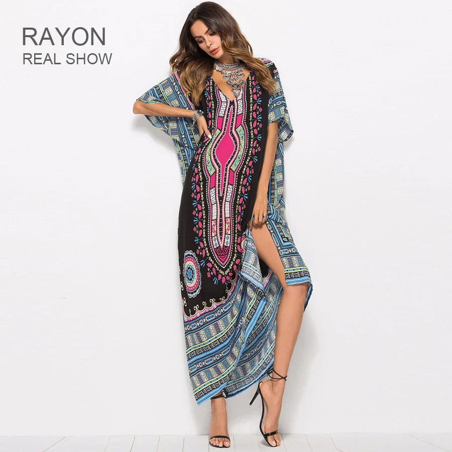 Maxi Kaftan  Rayon  Ethnic Floral Print  Beach  Sun  Side Slit  Summer  Loose  Women  Vestido Boho Dress