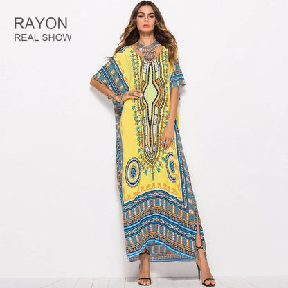 Maxi Kaftan  Rayon  Ethnic Floral Print  Beach  Sun  Side Slit  Summer  Loose  Women  Vestido Boho Dress