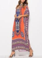 Maxi Kaftan  Rayon  Ethnic Floral Print  Beach  Sun  Side Slit  Summer  Loose  Women  Vestido Boho Dress