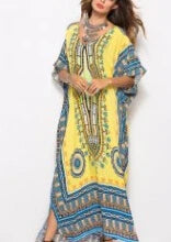 Maxi Kaftan  Rayon  Ethnic Floral Print  Beach  Sun  Side Slit  Summer  Loose  Women  Vestido Boho Dress