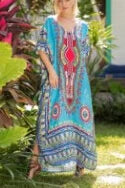 Maxi Kaftan  Rayon  Ethnic Floral Print  Beach  Sun  Side Slit  Summer  Loose  Women  Vestido Boho Dress