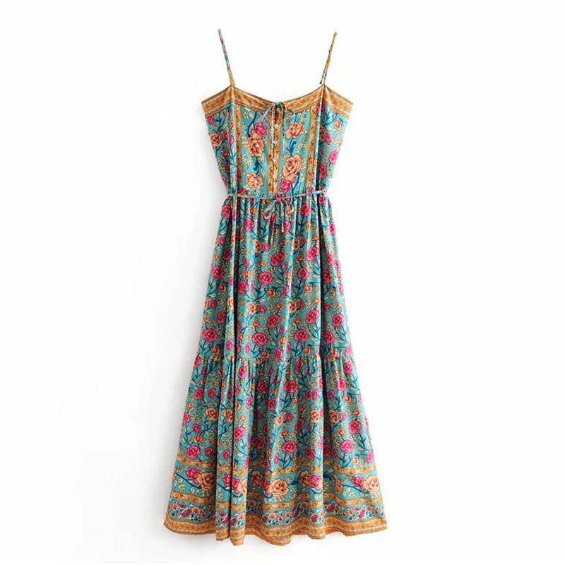 Maxi Strap  Women  Gypsy  Sleeveless  Summer  Green  Rayon Floral Print  Strappy  Vestidos  Boho Dress