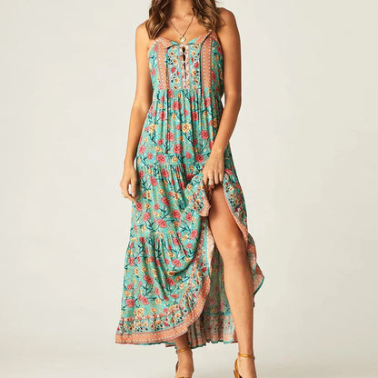 Maxi Strap  Women  Gypsy  Sleeveless  Summer  Green  Rayon Floral Print  Strappy  Vestidos  Boho Dress