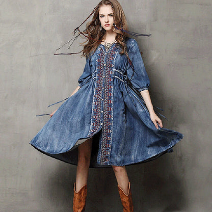 Midi Denim  Women  Blue Cotton  Ethnic Embroidery  Drawstring Waist  Gypsy  Vestidos Boho Dress