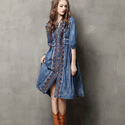 Midi Denim  Women  Blue Cotton  Ethnic Embroidery  Drawstring Waist  Gypsy  Vestidos Boho Dress