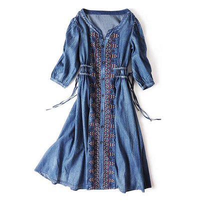 Midi Denim  Women  Blue Cotton  Ethnic Embroidery  Drawstring Waist  Gypsy  Vestidos Boho Dress