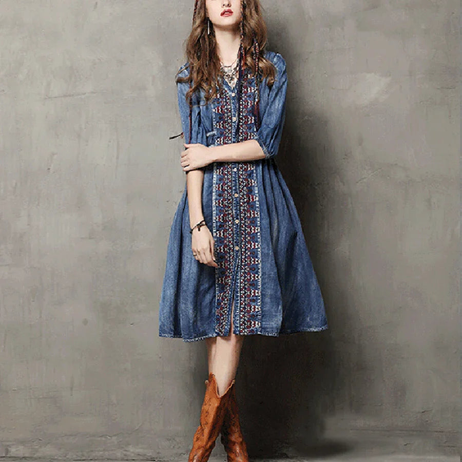 Midi Denim  Women  Blue Cotton  Ethnic Embroidery  Drawstring Waist  Gypsy  Vestidos Boho Dress