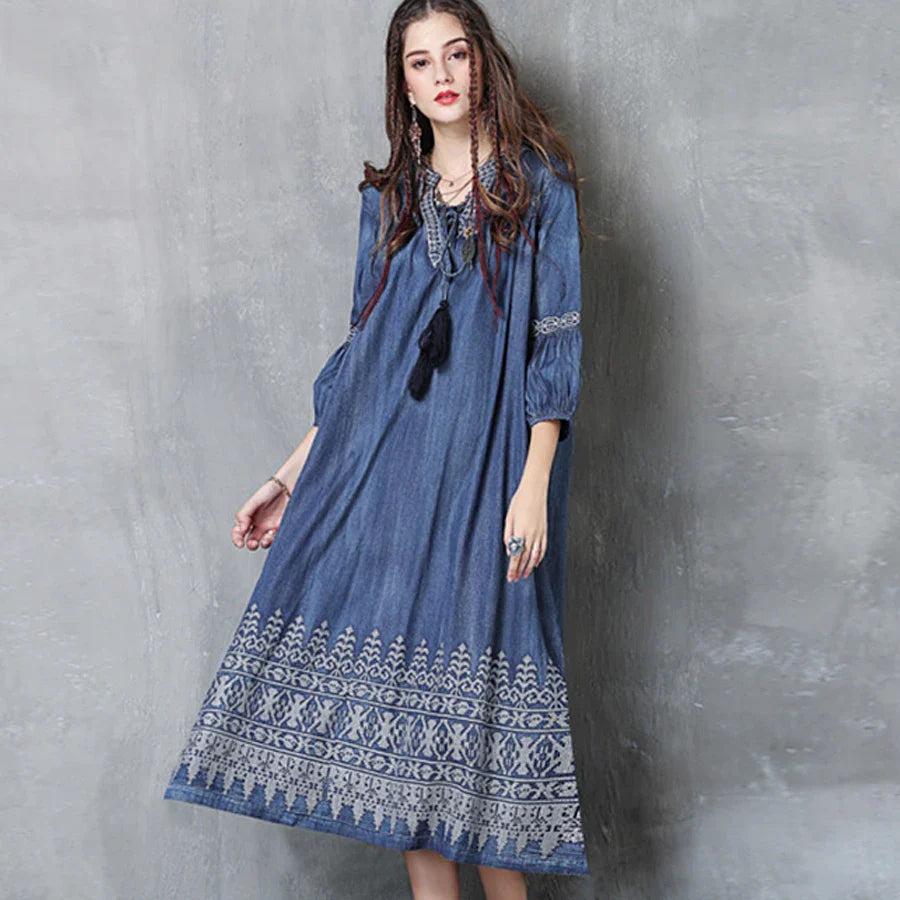 Midi  Denim  Tunic  Autumn  Blue  Cotton  Ethnic  Floral Embroidery  V-neck  Gypsy Boho Dress