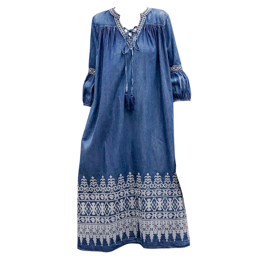 Midi  Denim  Tunic  Autumn  Blue  Cotton  Ethnic  Floral Embroidery  V-neck  Gypsy Boho Dress