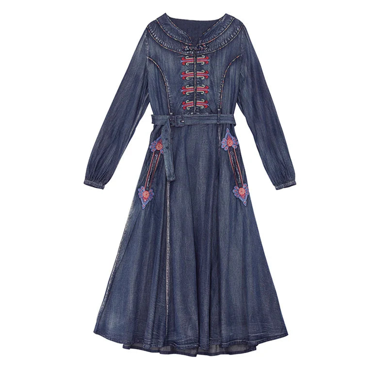 Midi  Denim  Tunic  Autumn  Blue  Cotton  Ethnic  Floral Embroidery  V-neck  Gypsy Boho Dress